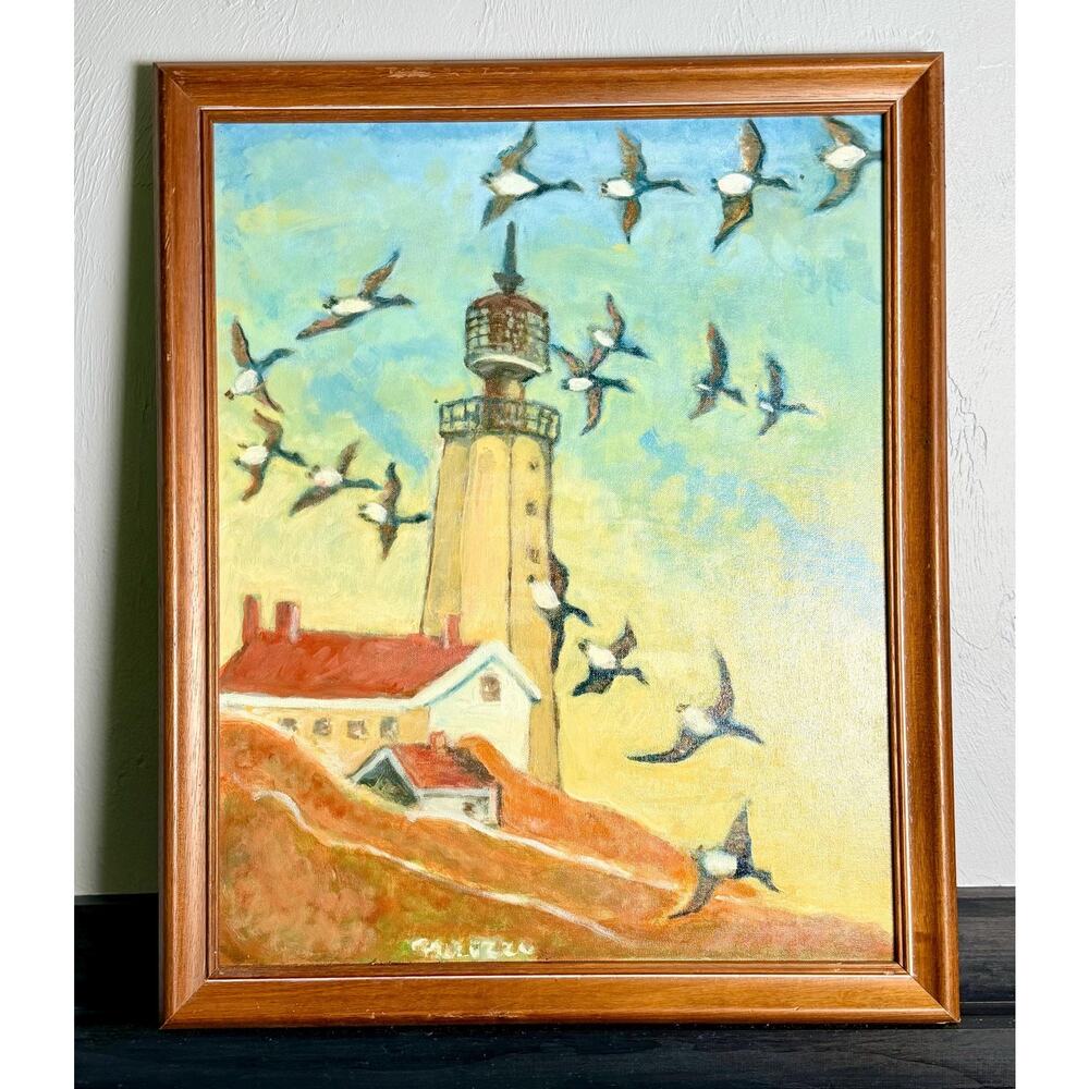 Vintage Original Lighthouse Painting Flying Seabirds Signed Coastal Wall Decor - Picture 8 of 14